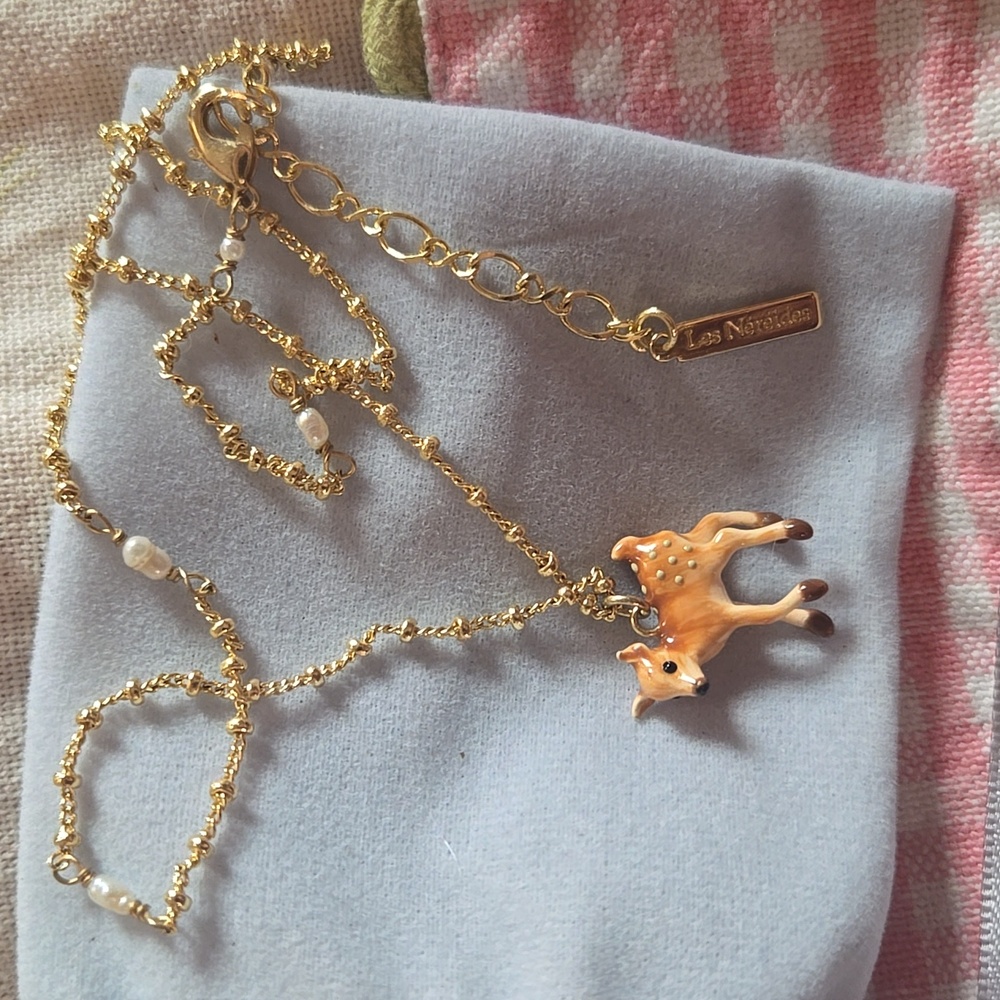Les Néréides Paris Hand-Painted Enamel Fawn Deer Pearl Necklace 14k Gold Plated